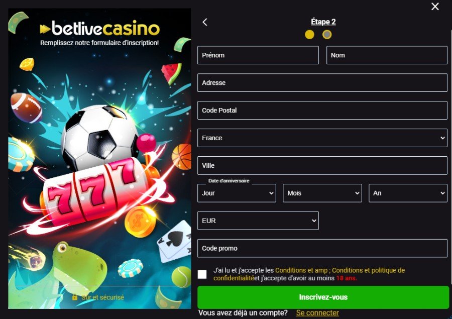 Betlive Casino Inscription seconde étape