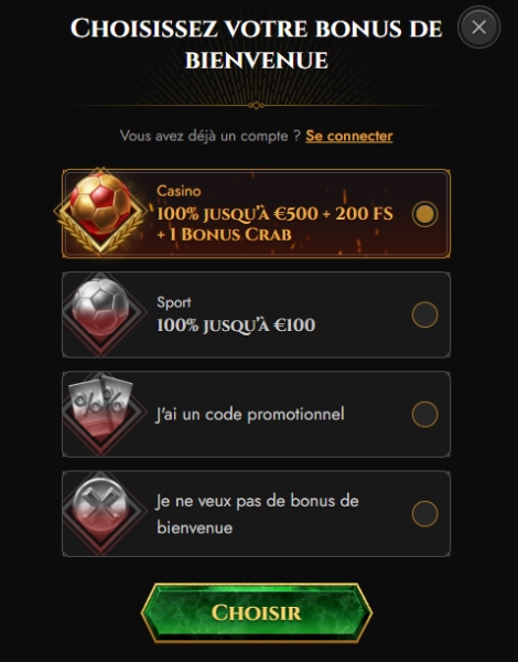 Legiano Casino choix du bonus de bienvenue