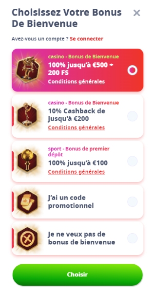 Casino Infinity inscription choix du bonus