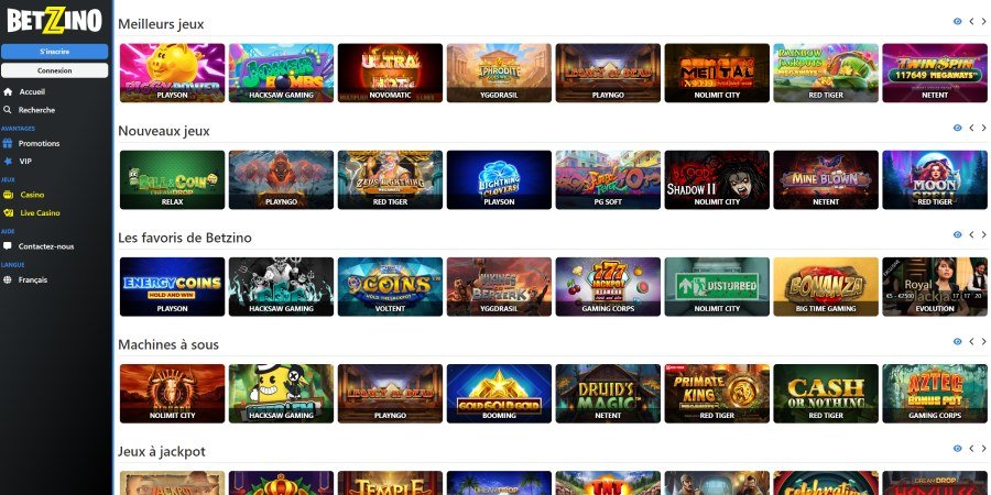 Nouveau design de la page des machines à sous du casino en ligne Betzino