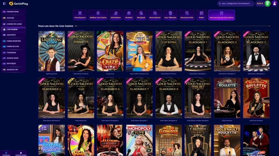 GeniePlay Casino aperçu des jeux en direct