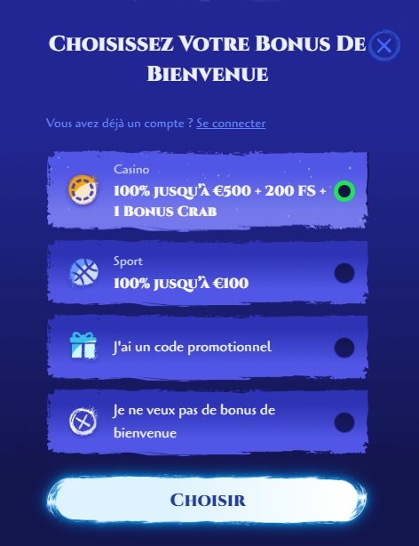 Page d'inscription Spinight Casino, choix du bonus