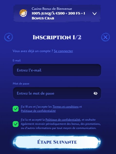 Page d'inscription Spinight Casino, infos de connexion